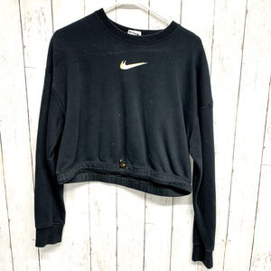 Nike Sweater Women Size M Black Long Sleeve Snatched Waisted Graphic Logo Cotton